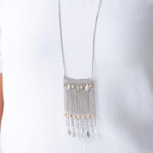 Long silver feather and yellow necklace